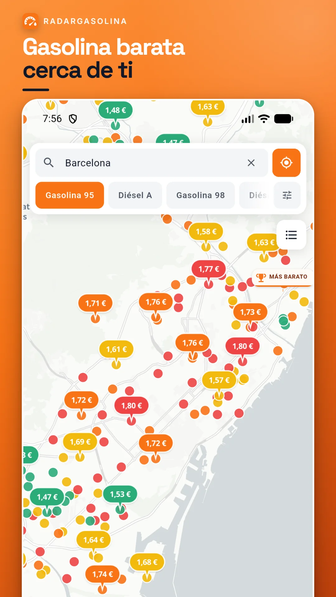 Mapa de RadarGasolina con precios de gasolina cerca de la ubicación del usuario