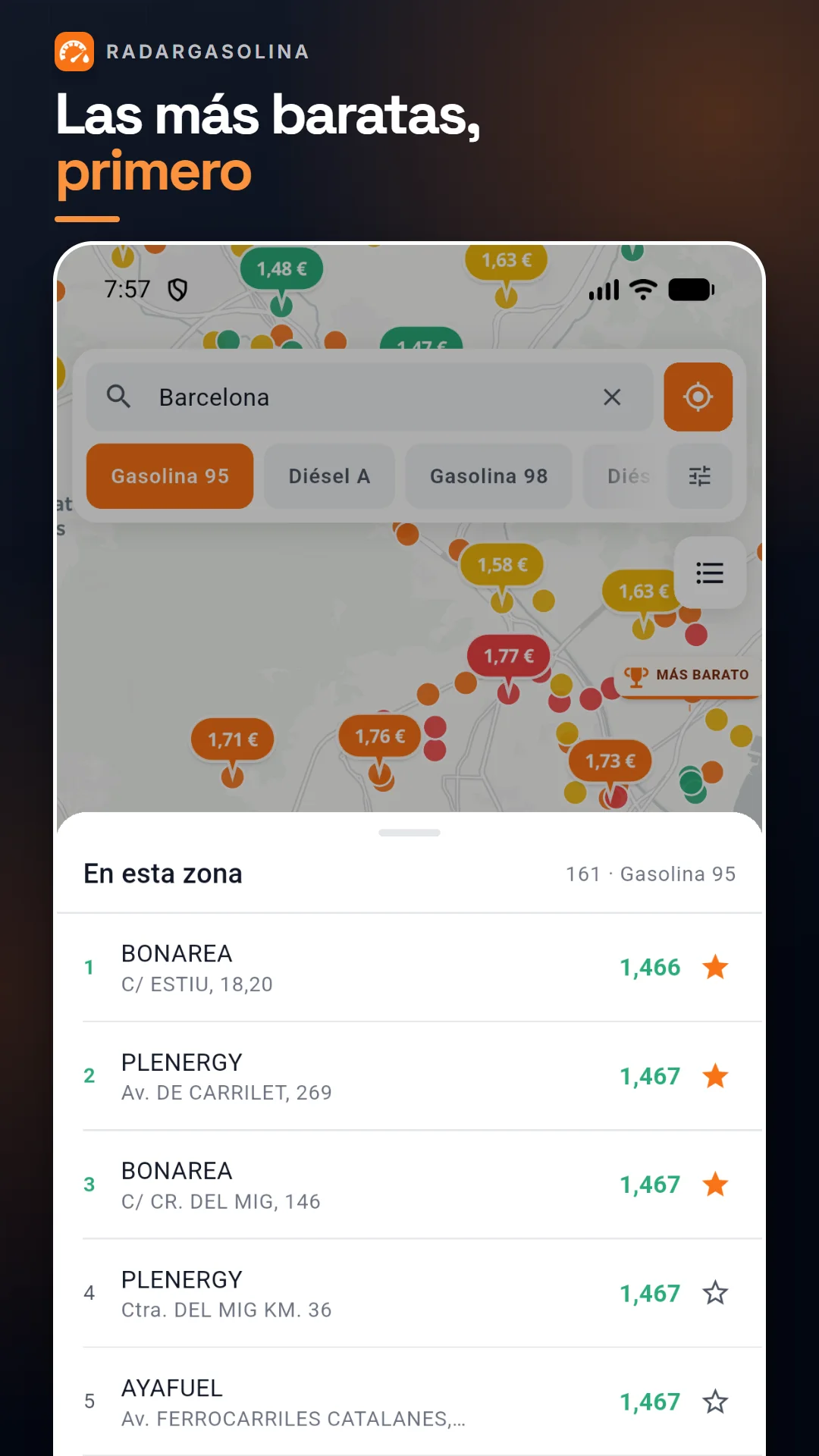 Lista de gasolineras ordenada para mostrar primero las más baratas