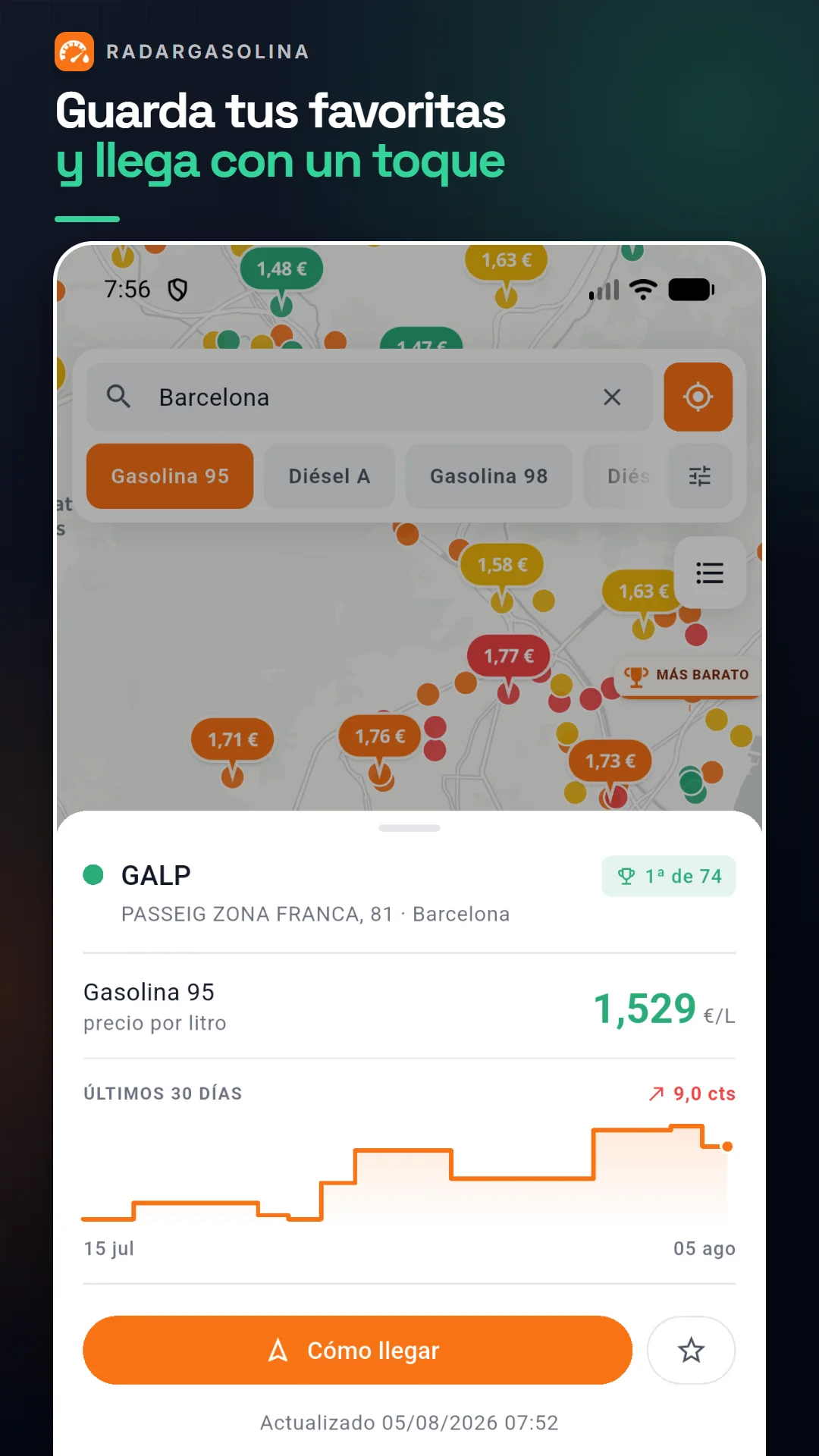 Gasolineras favoritas y acceso a la ruta desde RadarGasolina