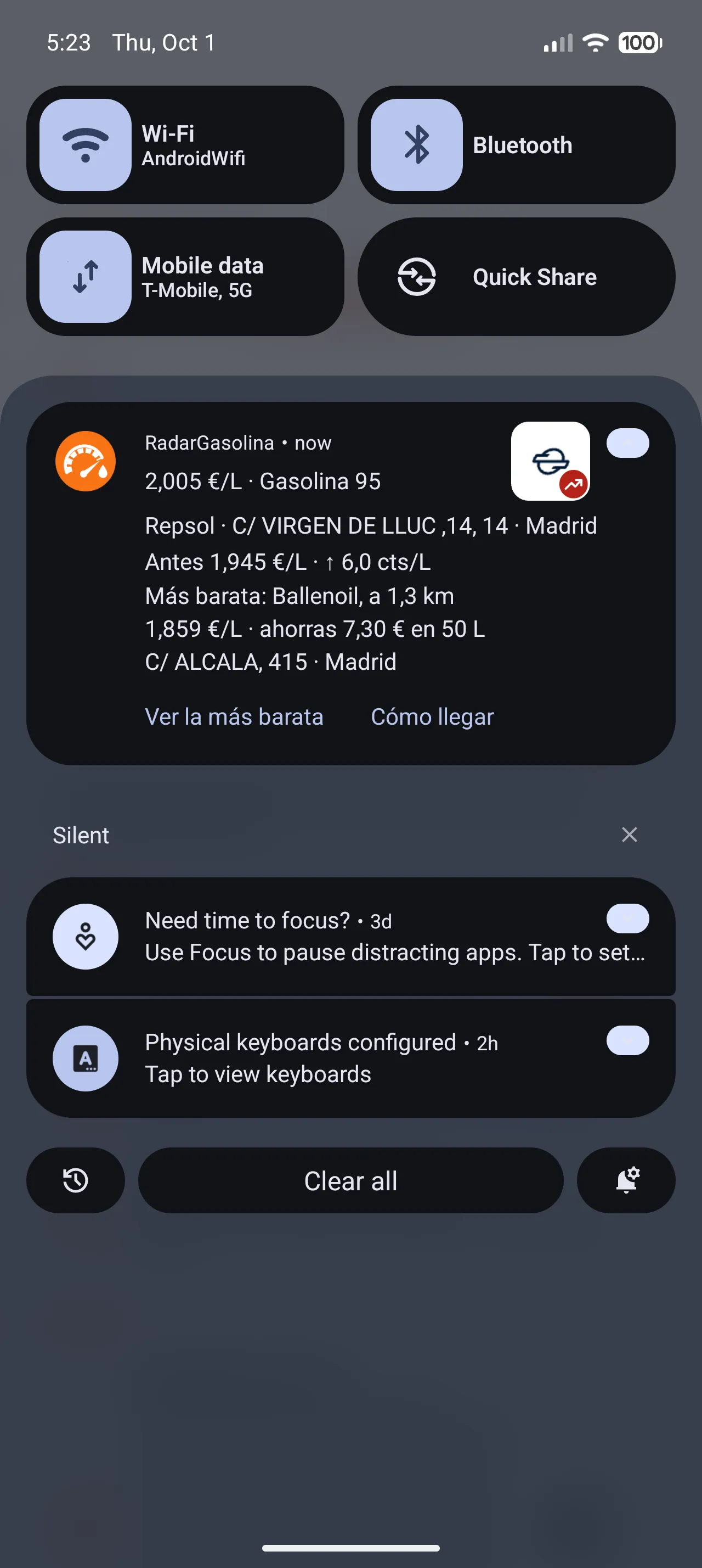 Notificación real de RadarGasolina: cambio de precio en una favorita y una alternativa más barata cercana