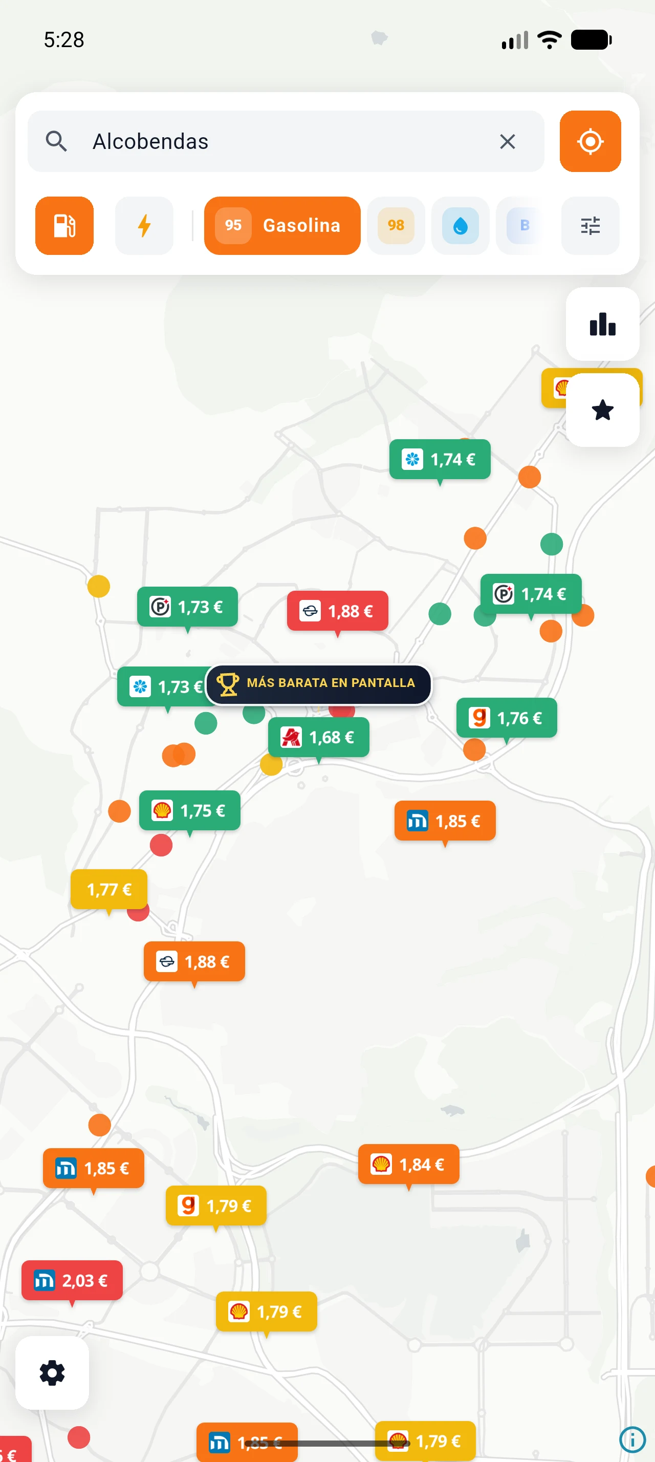 Mapa de RadarGasolina con precios de gasolina cerca de la ubicación del usuario