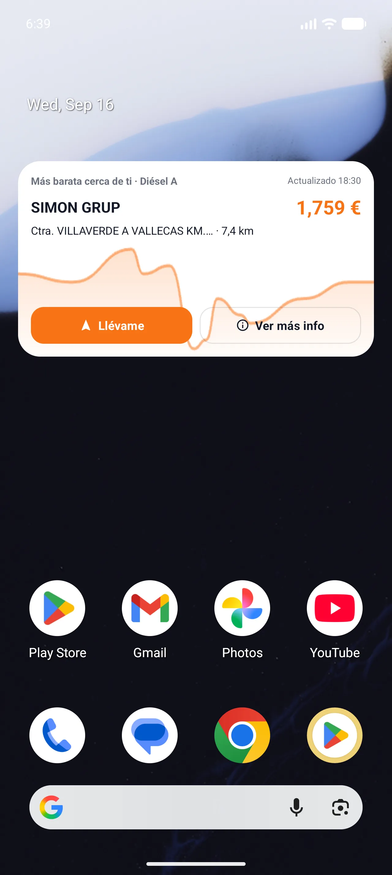 Widget real de RadarGasolina en la pantalla de inicio, con precio, gráfico y botón Llévame